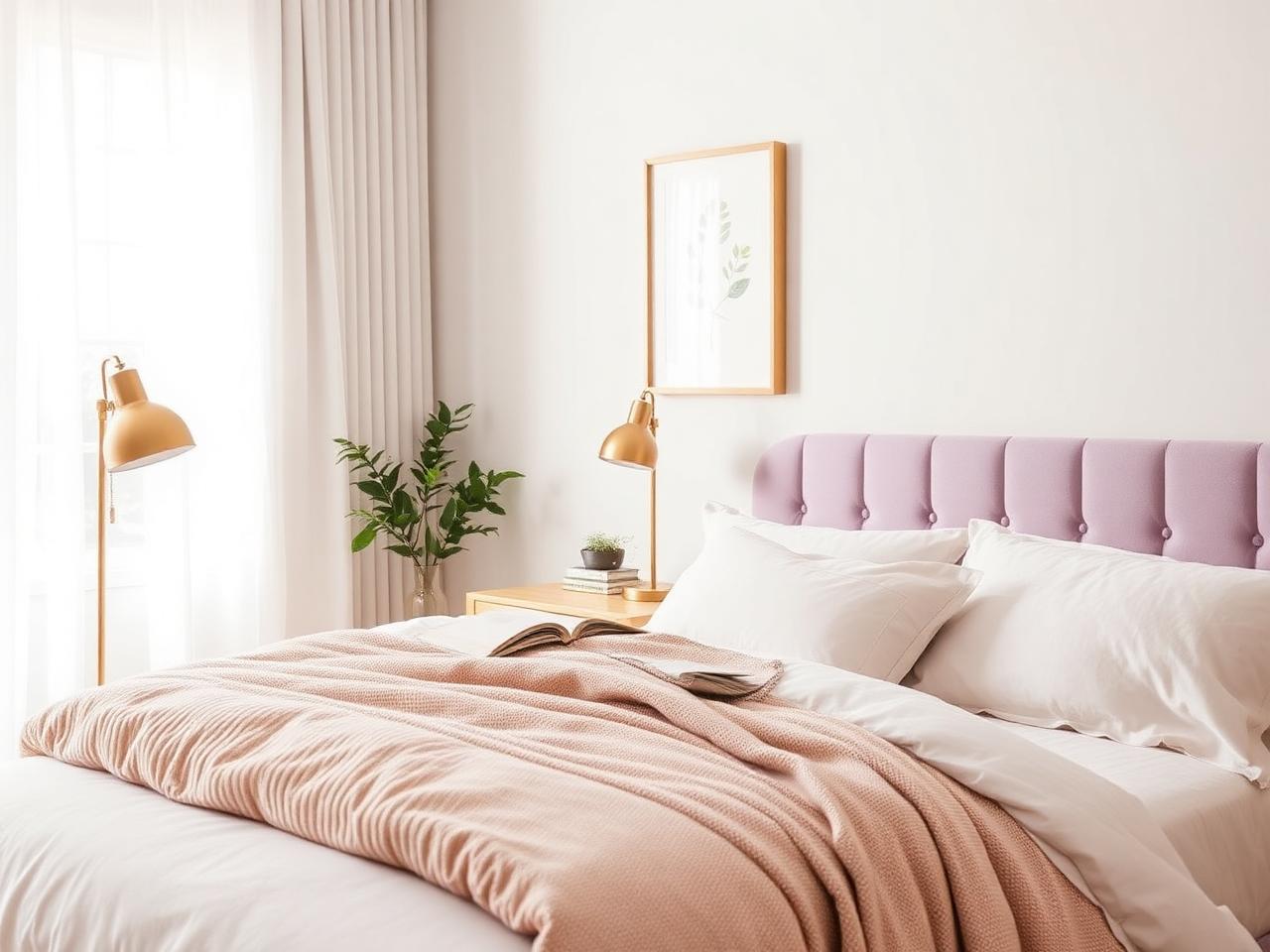 A styled mid-term rental bedroom with blush and lavender accents